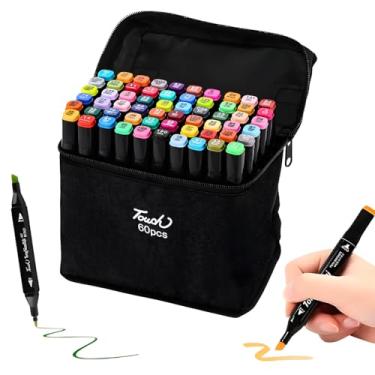 Imagem de Kit de 60 Canetas Marcadoras Ponta Dupla - Cores Vibrantes, Ideal para Desenho, Colorir e Caligrafia - Tinta de Secagem Rápida, Não Tóxica - Estojo Incluso