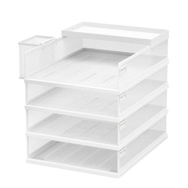 Imagem de FANXIYQ Bandejas empilháveis de cartas, bandeja de papel de metal de 4 camadas e organizador de mesa, bandejas de arquivo empilháveis para escritório e casa, bandeja de documentos multifuncional com