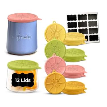 Imagem de Tampas de pote de iogurte La Fermiere - Madeira de bambu com anéis de vedação de silicone, conjunto de tampa de silicone - Ajuste perfeitamente hermético e à prova de derramamento (cores cítricas