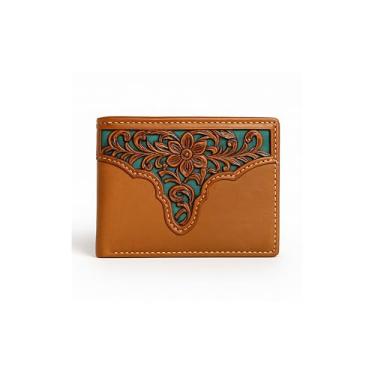 Imagem de Carteira masculina de couro ocidental – Design floral cortado a laser com detalhes azul-petróleo, estilo cowboy rodeio com dobra dupla, Marrom, Carteira Western