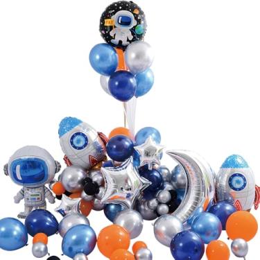 Imagem de Balões Kit Festa Espaço Sideral, Balões Metalizados Foguete Lua Estrelas Astronauta Arco Para Decoração de Festa e Balões de Aniversário (93PCS)