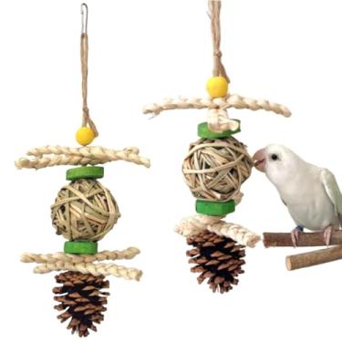 Imagem de Brinquedo de mastigar pássaros pendurados para papagaios, brinquedo interativo de forrageamento com bola de vime, casca de milho, pinha, para periquitos, periquitos, calopsitas conure, fácil