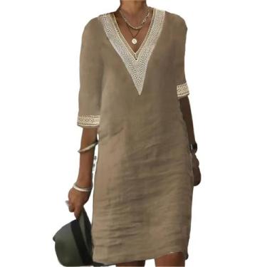 Imagem de Vestido casual IVERIRMIN, decote em V, algodão, linho e acabamento em 