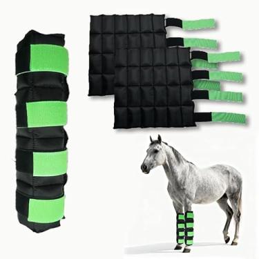 Imagem de Caneleiras de gelo para cavalos MR.ICE, bolsas de gelo reutilizáveis, envoltórios refrescantes para lesões equinas, tamanho universal, pretas com tiras verdes (2 unidades)