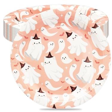 Imagem de wonmon 30 peças de pratos de papel de Halloween, 23 cm descartáveis, pratos de fantasma rosa, decorativos, redondo, prato de sobremesa de Halloween para jantar de Natal, utensílios de mesa