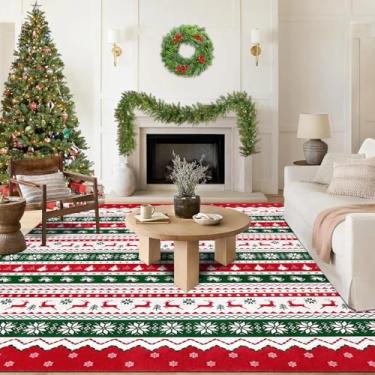 Imagem de U'Artlines Tapete lavável de Natal 20 x 3 metros colorido árvore de Natal sino de veado tapete de lavanderia antiderrapante tapete de inverno macio para entrada, sala de estar, quarto