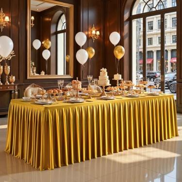 Imagem de Toalhas de mesa douradas de cetim de 1,2 m para mesas retangulares – Capa de mesa de festa de elastano brilhante com saia de mesa plissada, sem rugas e brilhante, toalha de mesa de casamento, peça