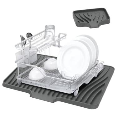 Imagem de 2 peças de tapete de secagem de pratos de silicone com borda de drenagem antiderrapante tapete de escorredor de pratos resistente ao calor, tapete de secagem multifuncional para bancada para acúmulo