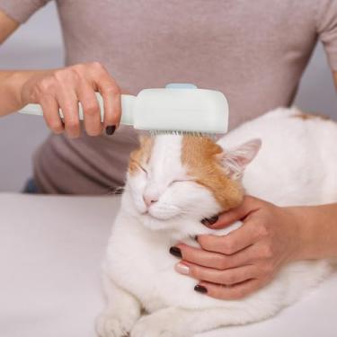 Imagem de Escova a vapor 3 em 1 para gatos, escova para cães, pente para gatos com botão de liberação, escova de remoção de pelos para cabelos longos e curtos, reduz a queda e remove a estática (azul)