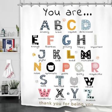Imagem de Yookeb Cortina de chuveiro infantil com alfabeto ABC 152 cm L x 188 cm You are Boys Child Motivational Inspirational Positive Quotes Classroom Polyester Fabric 12 ganchos de plástico à prova d'água