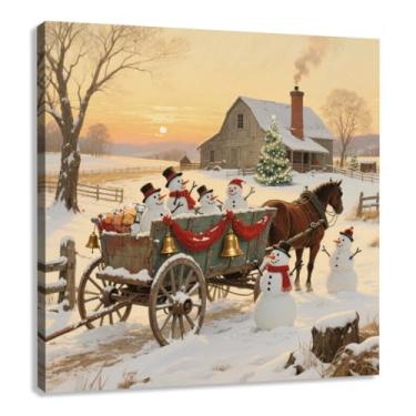 Imagem de Arte de parede de tela de Natal de casa de fazenda de inverno, cena de neve com carroça de cavalo e bonecos de neve, decoração de férias no campo, 30 x 30 cm