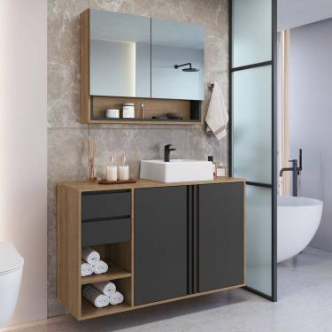 Imagem de Gabinete de Banheiro 110cm com Espelheira 2 Portas e Cuba Antônia Mel/Grafite