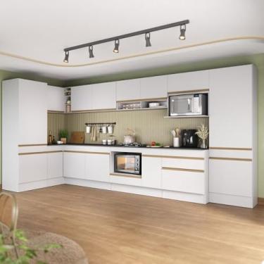 Imagem de Cozinha Modulada Completa Canto 409cm com Rodapé e Balcão para Cooktop Veneza Multimóveis Mp2304 Branco/dourado