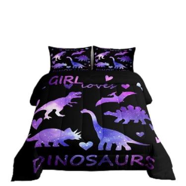 Imagem de Conjunto de edredom de dinossauro para meninas crianças galáxia dinossauro conjunto de cama para crianças mulheres quarto desenho animado universo selva animal decoração edredom espaço sideral céu estrelado dinossauros conjunto de edredom king com 2 fronhas