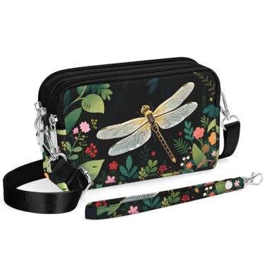 Imagem de Bolsa tiracolo pequena para mulheres, bolsas de ombro pequenas, de nylon, acolchoadas, 3 zíperes para celular, Libélula preta, Small, Estilo natural