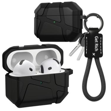 Imagem de Ephoou Capa com textura de meteorito para AirPods de 4 gerações com cordão de chaveiro, capa rígida de poliuretano termoplástico premium premium à prova de choque para AirPods 4 YS-preta
