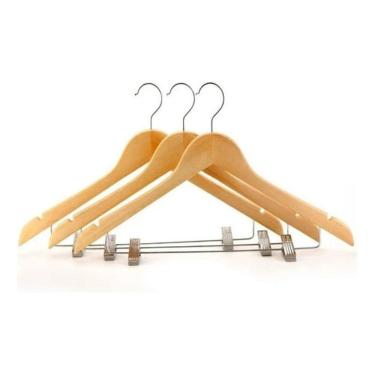 Imagem de Kit 3X Cabides De Madeira Com Presilha Verniz Marfim Roupa