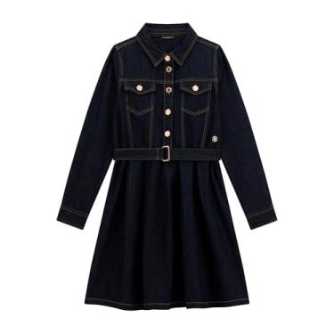 Imagem de GUESS Vestido jeans de manga comprida para meninas, Lavagem azul enxágue feminino, 10 Anos