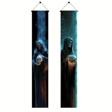 Imagem de BlissYard Grim Reaper Esqueleto Halloween Varanda Banners 30,5 x 188 cm Crânio Brilhante Banners Assustadores Bem-vindos Banners Pendurados Feliz Dia das Bruxas Assombrada Decoração de Casa Assombrada
