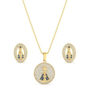 Imagem de Conjunto Colar e Brinco Nossa Senhora Aparecida Manto Azul com Pedras de Zircônias Semi Joias Banhado Ouro 18k, Ideal para Presentear, Agregando Charme e Sofisticação ao Visual