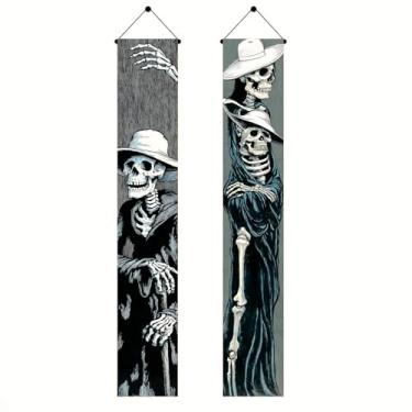 Imagem de BlissYard Esqueleto Grim Reaper Halloween Varanda Banners 30,5 x 188,8 cm Crânio gótico Banners assustadores Bem-vindo pendurado Banners Halloween assustador casa assombrada decoração para festa na