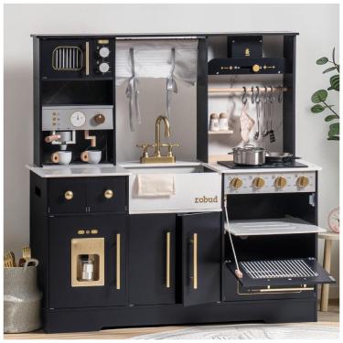 Imagem de Mini Cozinha Educativa ROBUD para Crianças, Brinquedo de Madeira com Máquina de Gelo, Cafeteira e Forno, Conjunto Realista de Brincar