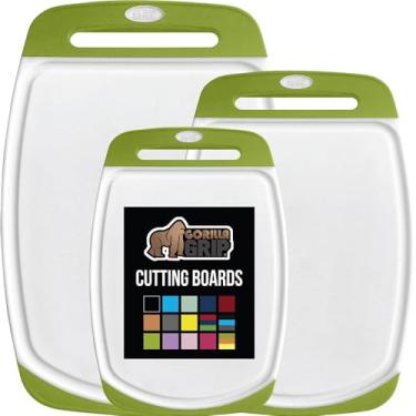 Imagem de Gorilla Grip Conjunto de 3 tábuas de corte de cozinha duráveis e reversíveis 100% livres de BPA, ranhuras para suco, lavável na lava-louças, borda de alça fácil de segurar, tábuas de cortar alimentos,
