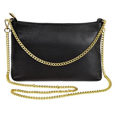 Imagem de Dasein Bolsa feminina de couro legítimo italiano para noite, bolsa de ombro com alça de corrente dourada, Preto, 10"L x 7"H x 1.5"W
