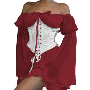 Imagem de Vestido ETATNG, espartilho, cadarço, ombro, manga de sino, vermelho S