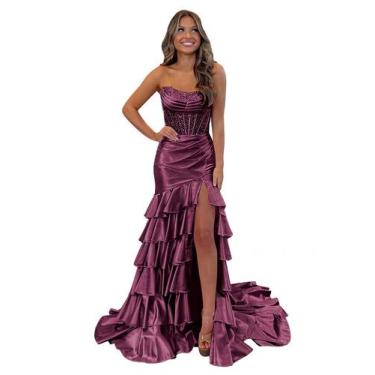 Imagem de Vestido de baile Mollyevers Mermaid Satin Tiered Ruffle Plum 4