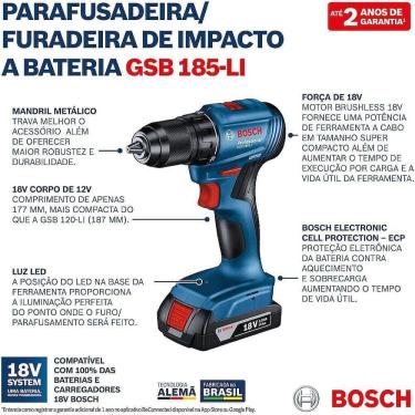 Imagem de Kit Furadeira Gsb 185-li + Esmerilhadeira Gws 180-li Com 2 Baterias - 06019h90e5000 - B...