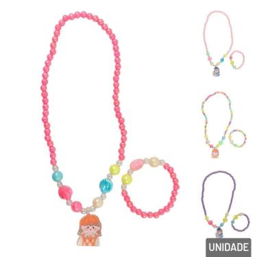 Imagem de KIT Pulseira de Plástico com Colar e Biju Infantil - Tudo em Caixa