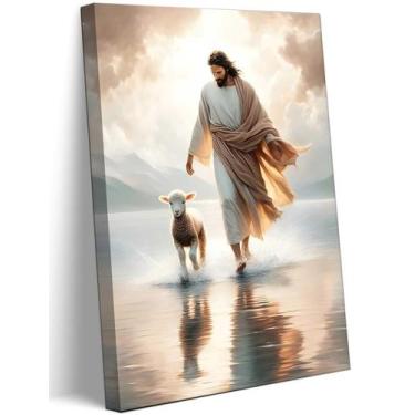 Imagem de Arte de parede em tela Jesus Walks on Water Christ Lost Lamb 40x60cm -