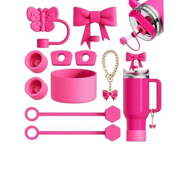 Imagem de 10 peças compatíveis com acessórios Stanley Cup - Toppers de palha de borboleta e arco para capa de palha Stanley 9-10 mm, 1 bota de silicone, 6 tampas à prova de derramamento, 1 pingente de alça para