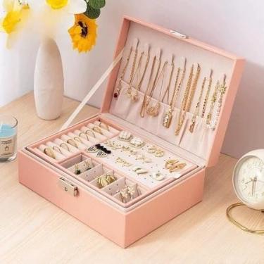 Imagem de Porta-Joias Feminino 3 Andares com Fechadura – Couro Sintético Luxo com Espelho e Compartimentos para Relógios, Brincos, Anéis e Colares (ROSA/Q11)