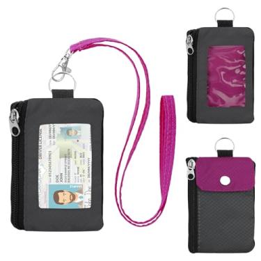 Imagem de Carteira minimalista com bloqueio de RFID com cordão, capa funcional para identidade com 2 bolsos com zíper e chaveiro para homens e mulheres, porta-cartões com crachá tático, porta-moedas para