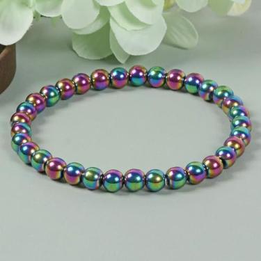 Imagem de Pulseira de equilíbrio de meditação com pedras da sorte com cristais mínimos de hematita arco-íris 6 mm, Small, Pedra, Sem Pedra Preciosa