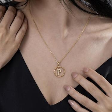Imagem de Colar de strass com inicial A-Z - Joias delicadas com pingente circular com corrente ajustável, colar de alfabeto personalizado para mulheres,, F, Aço inoxidável, Sem Pedra Preciosa