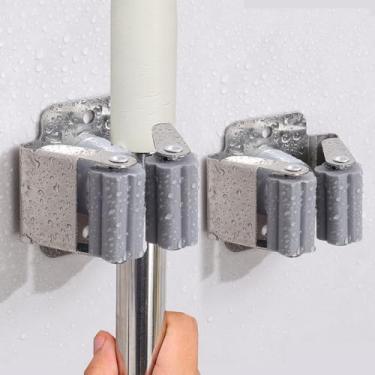 Imagem de 2 conjuntos de suportes de vassoura de esfregão fixados na parede com parafusos montados prateleiras de banheiro para cozinha doméstica 4,5 x 5 x 4 cm, cinza