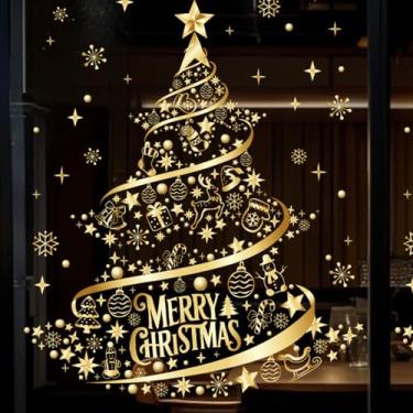 Imagem de 1 adesivo grande para janela de árvore de Natal para vidro, extra grande, dourado, 39,9 x 49,8 cm, adesivos estáticos para janelas de Natal, faça você mesmo, parede, janela, porta, feliz Natal