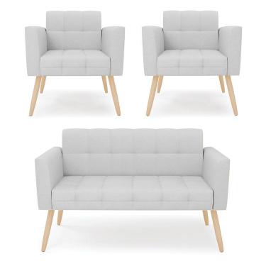 Imagem de Kit 1 Sofá Namoradeira E 2 Poltronas Elisa Linho Pés Palito Natural - D'rossi Cor A05 Cinza