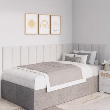 Imagem de Kit Cabeceira Modulada Estofada em L para Cama Box Casal Queen King | Placas 45x20cm em Suede Premium com Fita Dupla Face(BEGE CLARO,KING - 20 PLACAS)