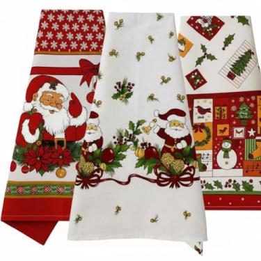 Imagem de Pano de Prato Natalino Decorativo, Algodão Branco com Estampa de Papai Noel, Poinsétia e Azevinho, Tema Festivo de Natal KIT COM 3
