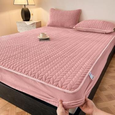 Imagem de Lençol de elástico macio e quente, protetor de colchão com bolso profundo espesso, elástico antiderrapante, aconchegante para todas as estações, roupa de cama de luxo para casal queen size, rosa, 150