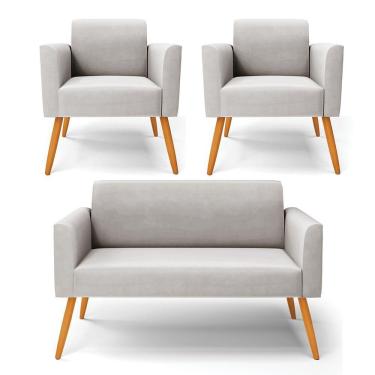 Imagem de Sofá Namoradeira Com 2 Poltronas Pés Palito Castanho Marisa Veludo Cinza D03 - D'rossi