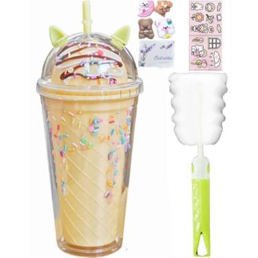 Imagem de windyswag Copos de viagem para gatos com canudos, sorriso, donut, gelo, bebidas, garrafa de água, caneca de café infantil brilhante, copo de plástico reutilizável, presente de aniversário (gato donut