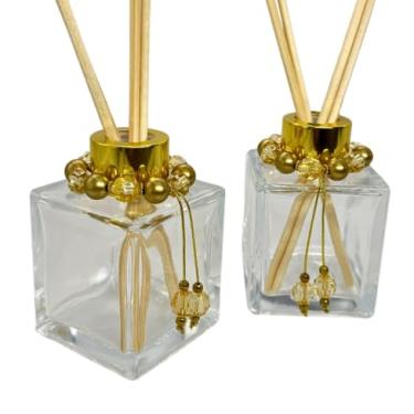Imagem de Kit 2 Frascos de Vidro Cubo Difusor 100ml com Pingentes Decorativos e Varetas – Aromatizador Luxo para Casa, Escritório e Presente Elegante(DOURADO)