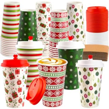 Imagem de 100 peças de xícaras de café quente de Natal com tampas, copos de papel descartáveis de Natal de 473 ml com tampas e mangas, copo de papel de Natal para bebidas quentes e frias, cacau quente