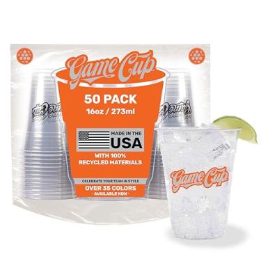 Imagem de Game Cup Copos de plástico transparente de 473 ml (pacote com 50) feitos nos EUA de plástico PET reciclado | Copos de plástico descartáveis transparentes 100% recicláveis para festas, festas ao ar