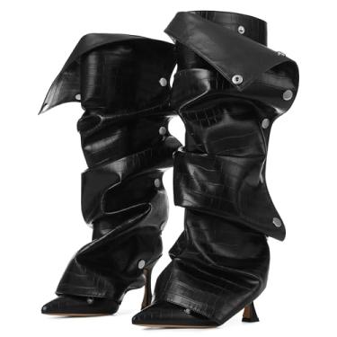 Imagem de Phefarer Botas femininas de salto alto de couro sintético fosco, bico fino, cano alto, franzido stiletto largo e zíper na panturrilha, Preto, 38